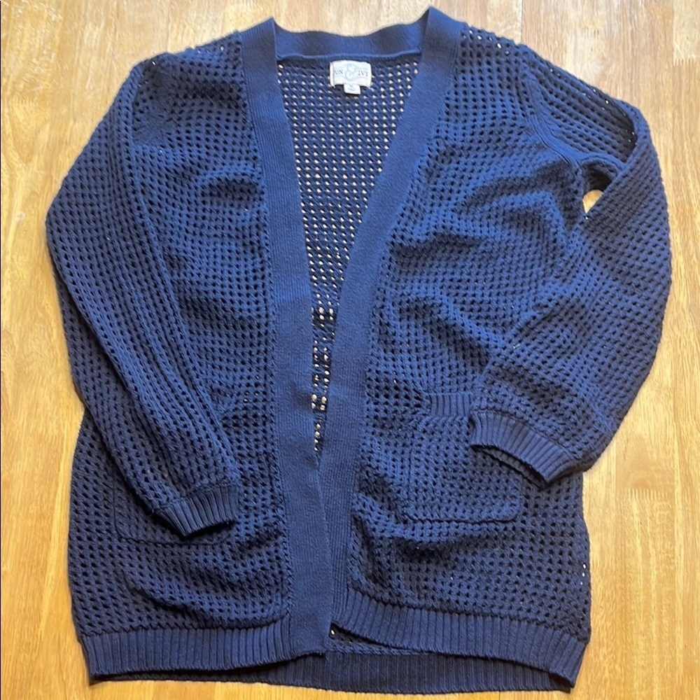 Blue Waffle Knit Cardigan Sweater with V-Neck